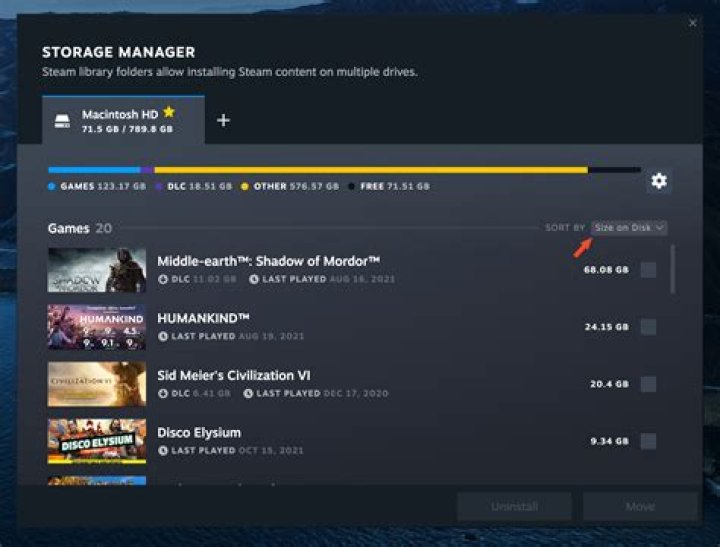 Can I sort my Steam games by installed size?