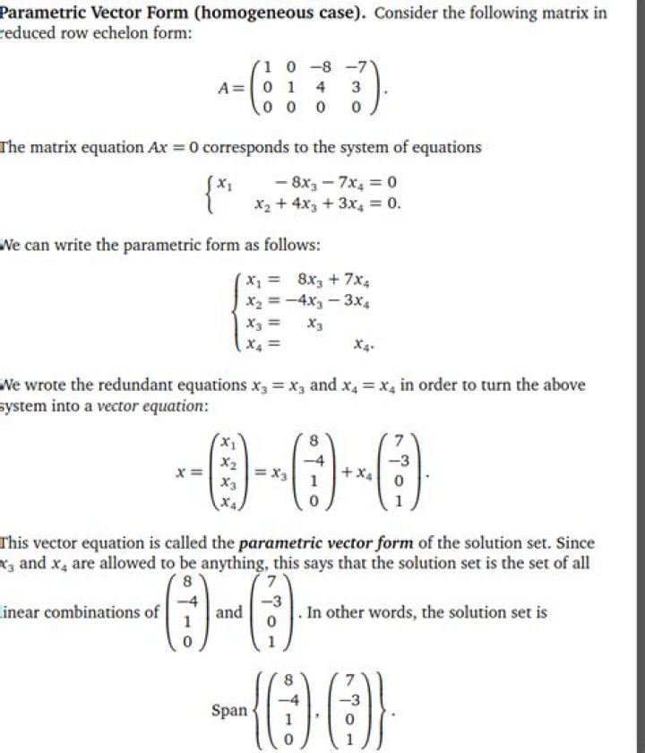 Parametric vector form for homogeneous equation Ax = 0